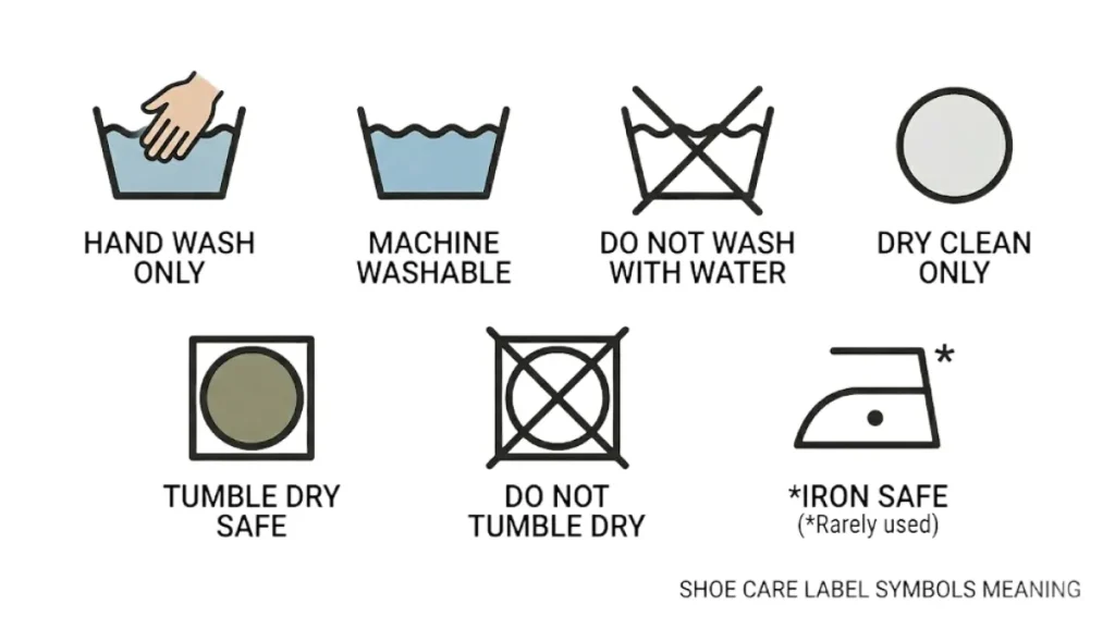 Shoe care label chart of laundry symbols and their meanings
