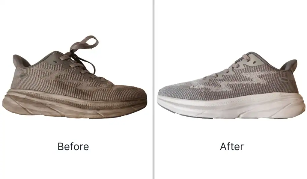 how to wash sneakers in the washing machine, grey mesh sneakers before and after — dirty vs clean side by side comparison