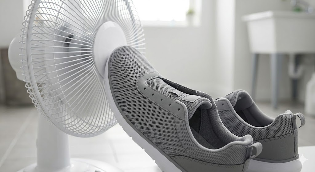 Photorealistic visualization of a gray sneaker being dried with a desk fan: laces removed, air goes into the hole